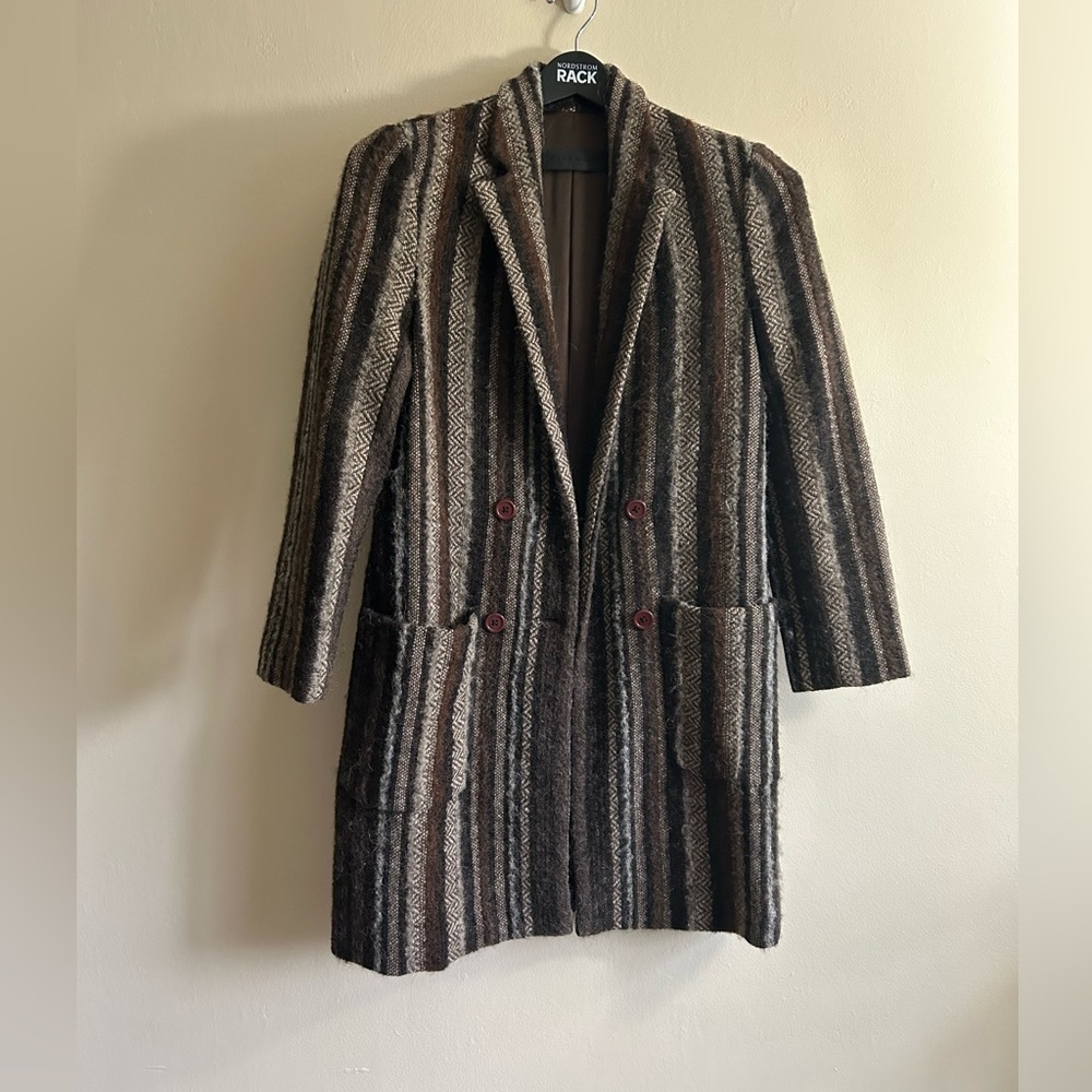 Jenni Kayne Double Breasted Striped Peacoat Size Small Brown/Tan
